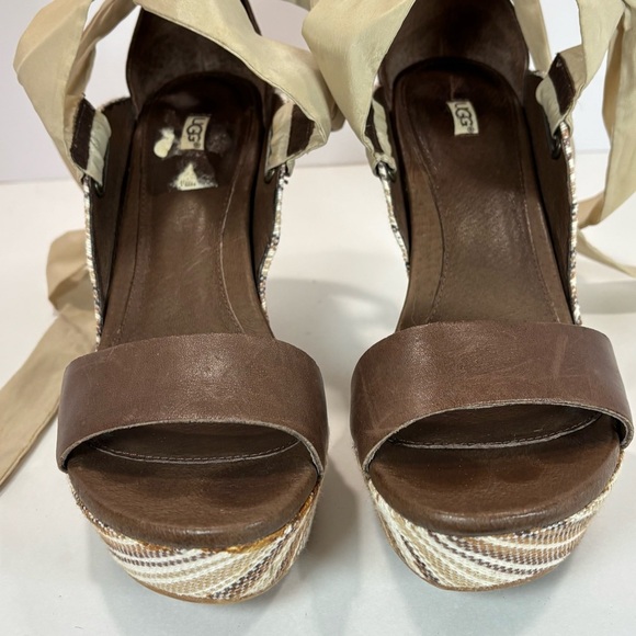 UGG Jules Tan Ribbon Strappy Tie Jute Espadrille Striped Sandals Wedge Sz 10 - Picture 10 of 12